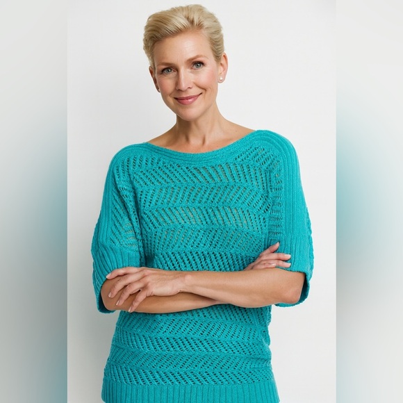 Chicos Riviera Pullover Fine Open Stitch Sweater Amazonite XL 16 Lagenlook beach - Picture 1 of 13